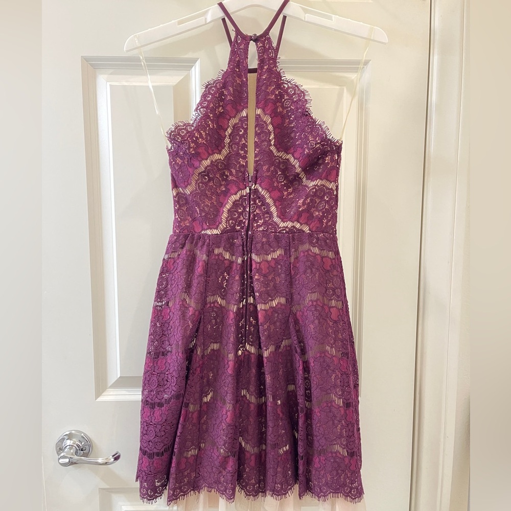 Francesca’s burgundy lace mini dress